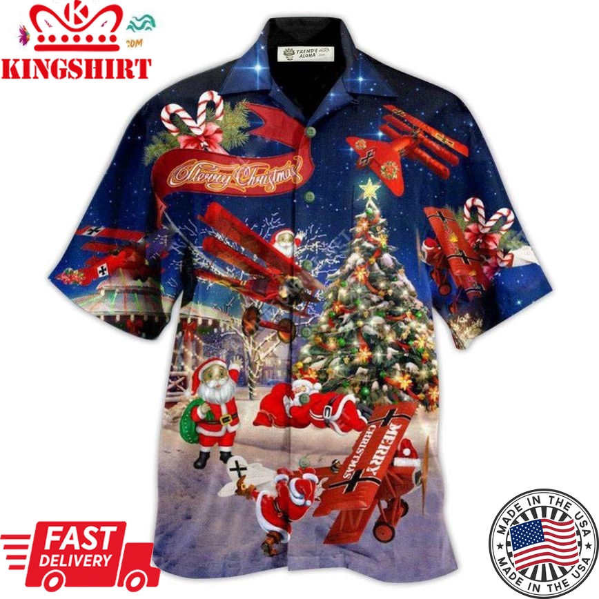 Christmas No Reindeer Any More Santa Loves Airplane In Blue Hawaiian Shirt