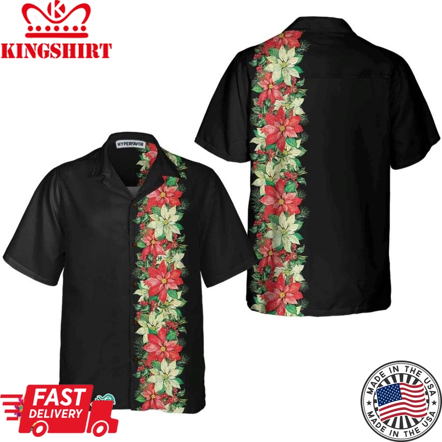 Christmas Poinsettia Flowers And Holly Berries Christmas Hawaiian Shirt, Floral Christmas Hawaiian Shirt