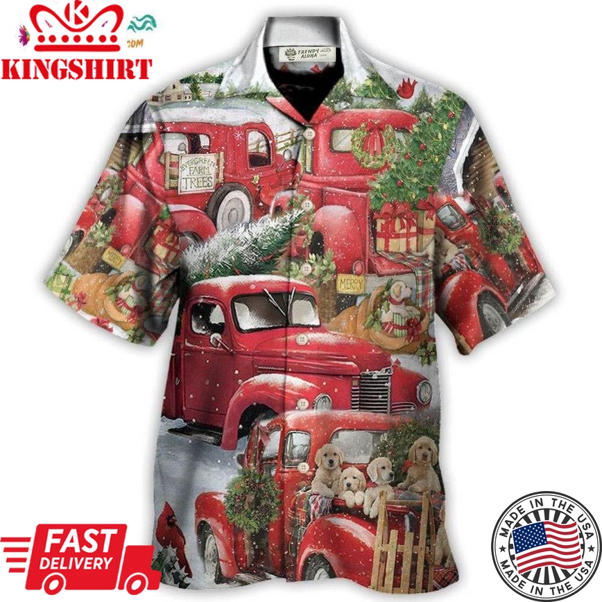 Christmas Red Truck With Xmas Tree And Little Puppy Hawaiian Shirt