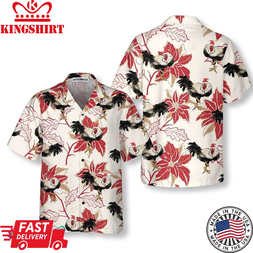 Christmas Rooster And Poinsettia Hawaiian Shirt, Unique Chicken Shirt For Men & Women, Best Christmas Gift