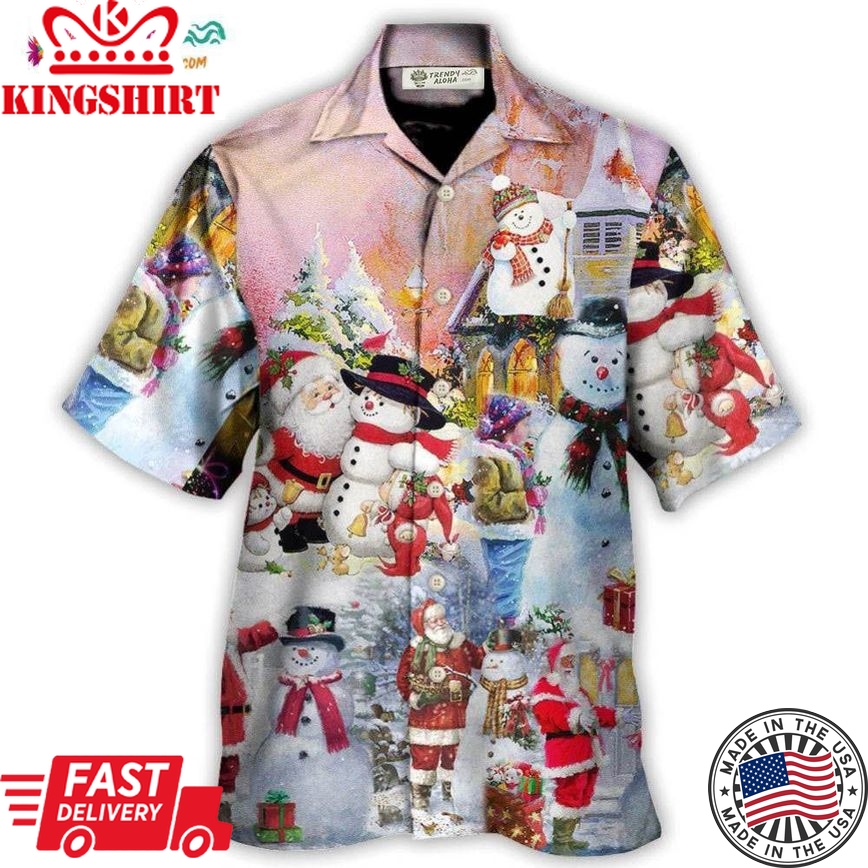 Christmas Santa And Snowman Christmas Snow Village Hawaiian Shirt