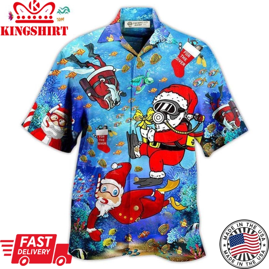 Christmas Santa Claus Dives In Blue Hawaiian Shirt