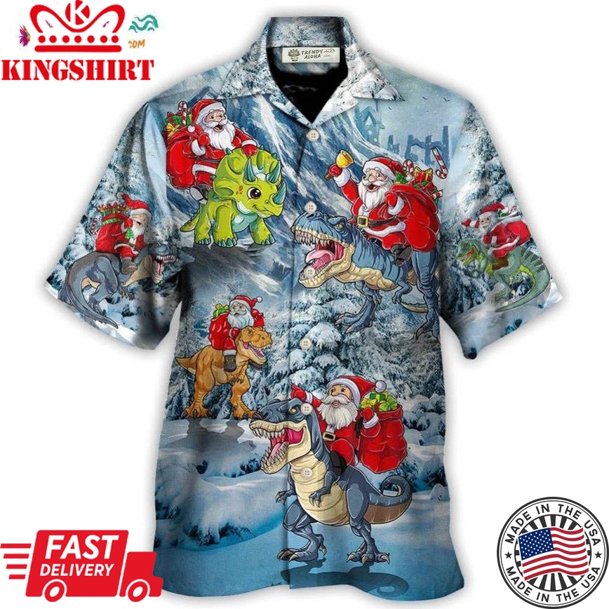 Christmas Santa Claus Riding Dinosaur Christmas Tree Gift Light Art Style Hawaiian Shirt