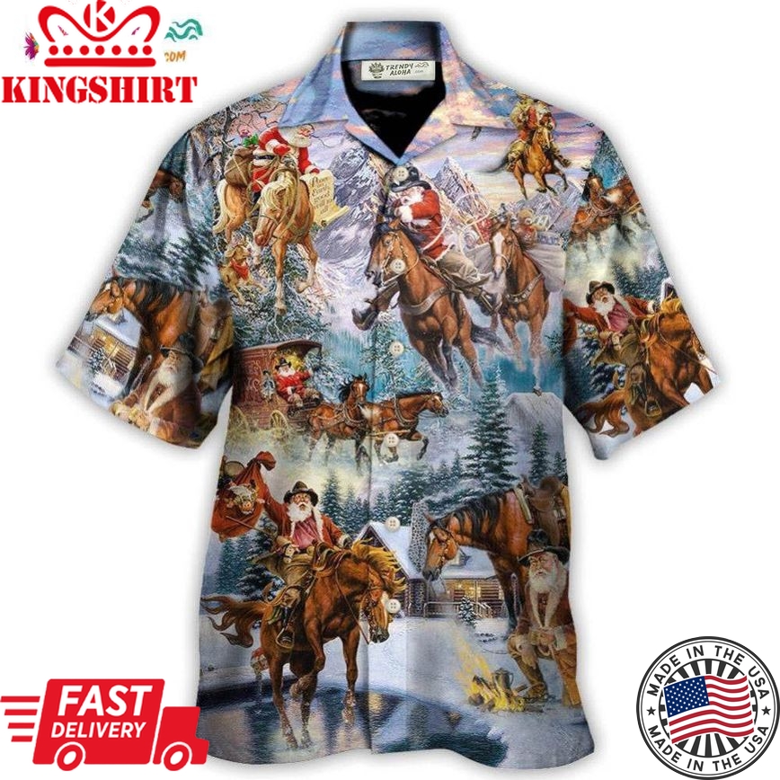 Christmas Santa Claus Riding Horse Snow Mountain Art Style Hawaiian Shirt