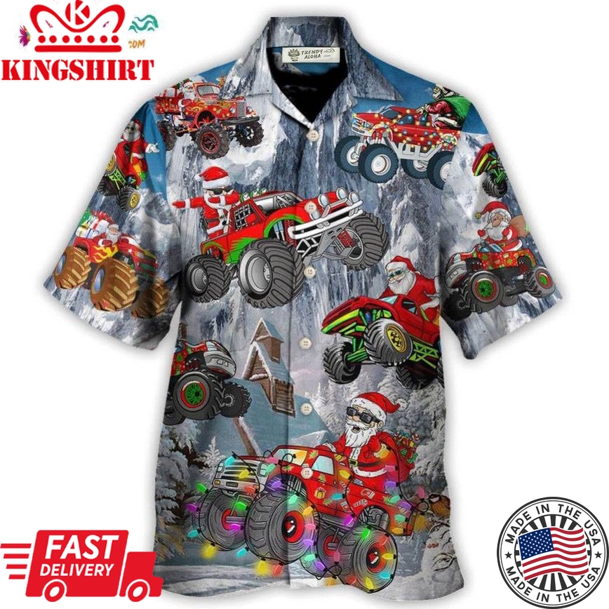 Christmas Santa Claus Riding Red Truck Snow Mountain Art Style Hawaiian Shirt