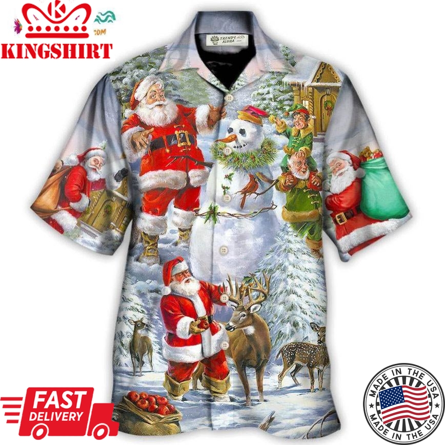 Christmas Santa Claus Snowman Elf So Happy Art Style Hawaiian Shirt