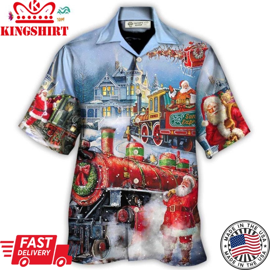 Christmas Santa Claus Train Gift For Xmas Painting Style Hawaiian Shirt