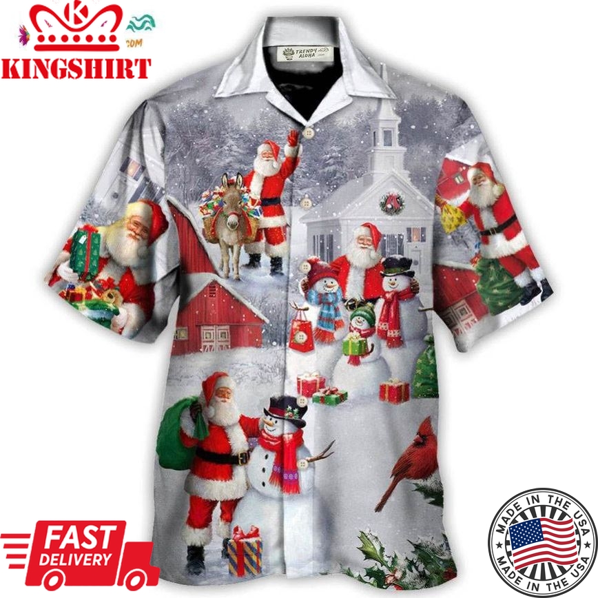 Christmas Santa Claus With Snowman Family In The Town Art Style Hawaiian Shirt