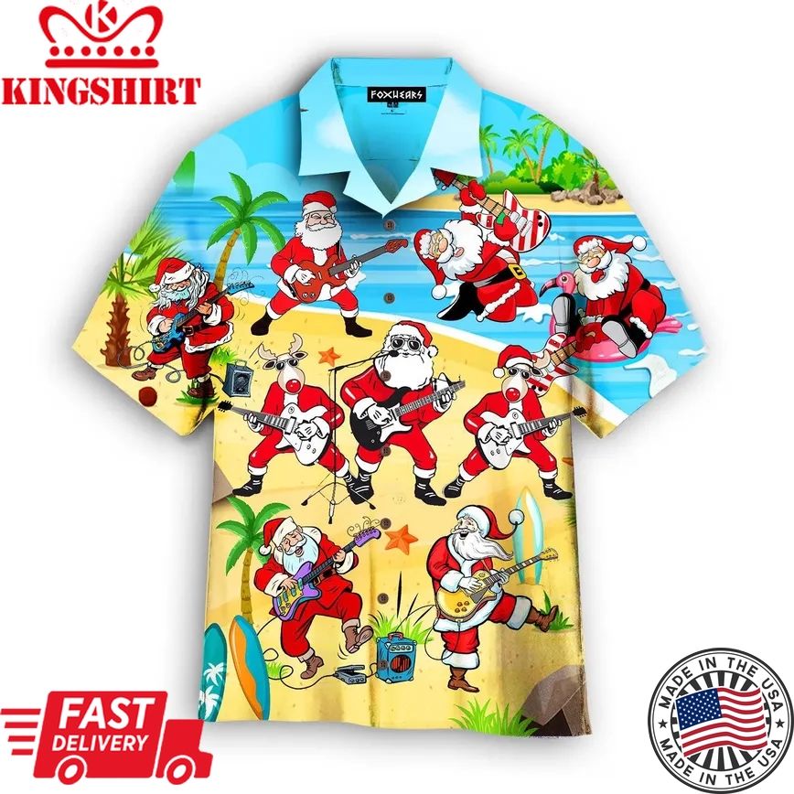 Christmas Santa Playing Guitar On Beach Trendy Hawaiian Shirt For