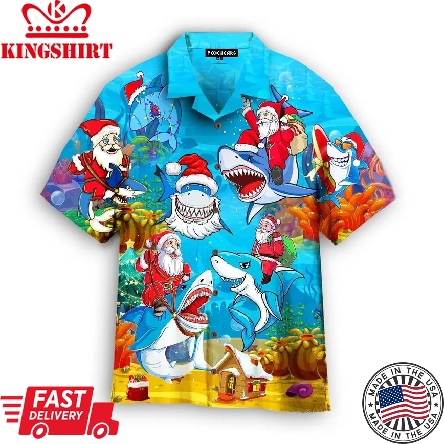 Christmas Santa Shark Santa Sled Brings Gifts To Ocean Funny Light Blue Trendy Hawaiian Shirt