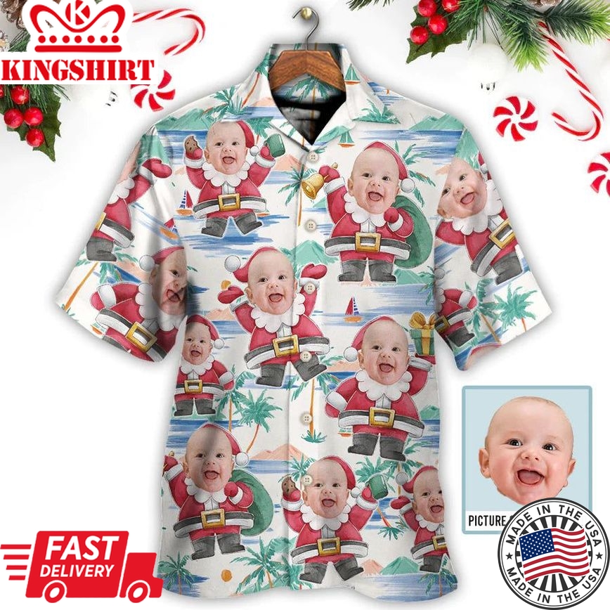 Christmas Santa Summer Beach Custom Photo Hawaiian Shirt