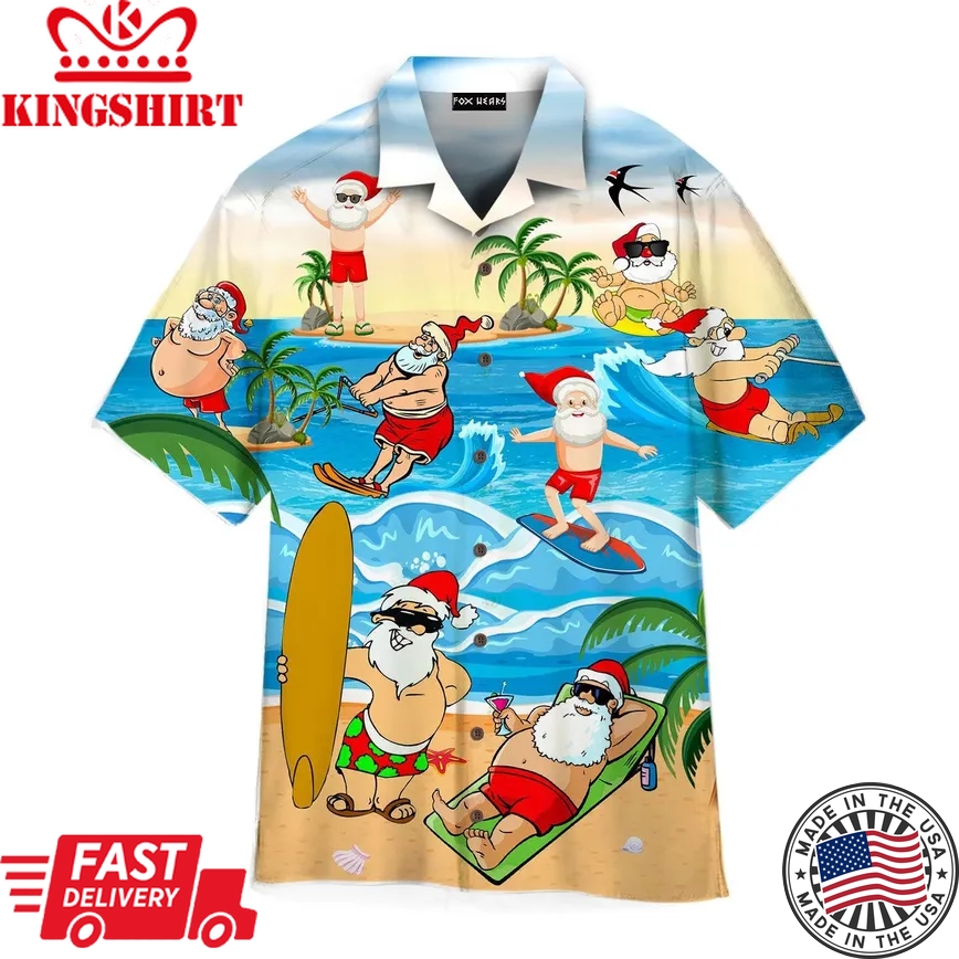 Christmas Santa Surfing On Beach Trendy Hawaiian Shirt For