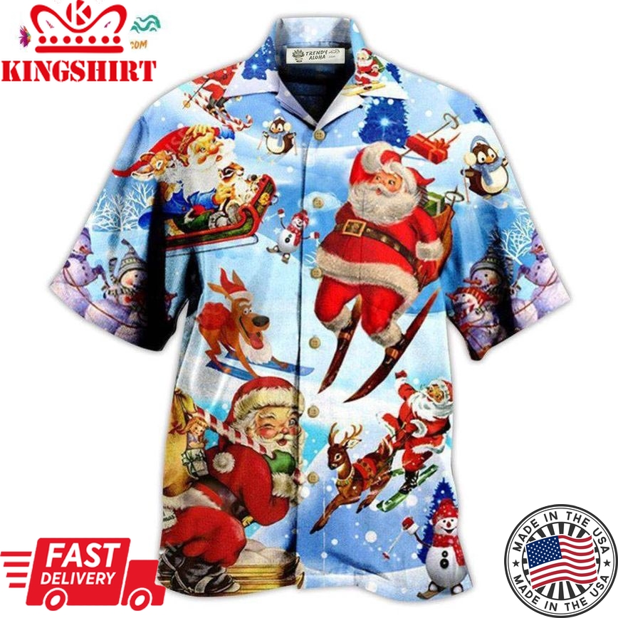 Christmas Skiing Santa Claus In Blue Hawaiian Shirt