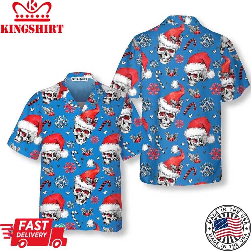 Christmas Skulls With Candy Canes Blue Version Christmas Hawaiian Shirt, Skull Christmas Hawaiian Shirt For Men