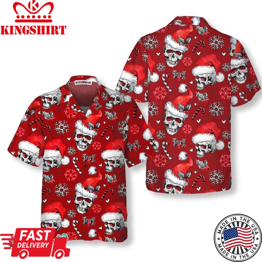 Christmas Skulls With Candy Canes Red Version Christmas Hawaiian Shirt, Skull Christmas Hawaiian Shirt For Men