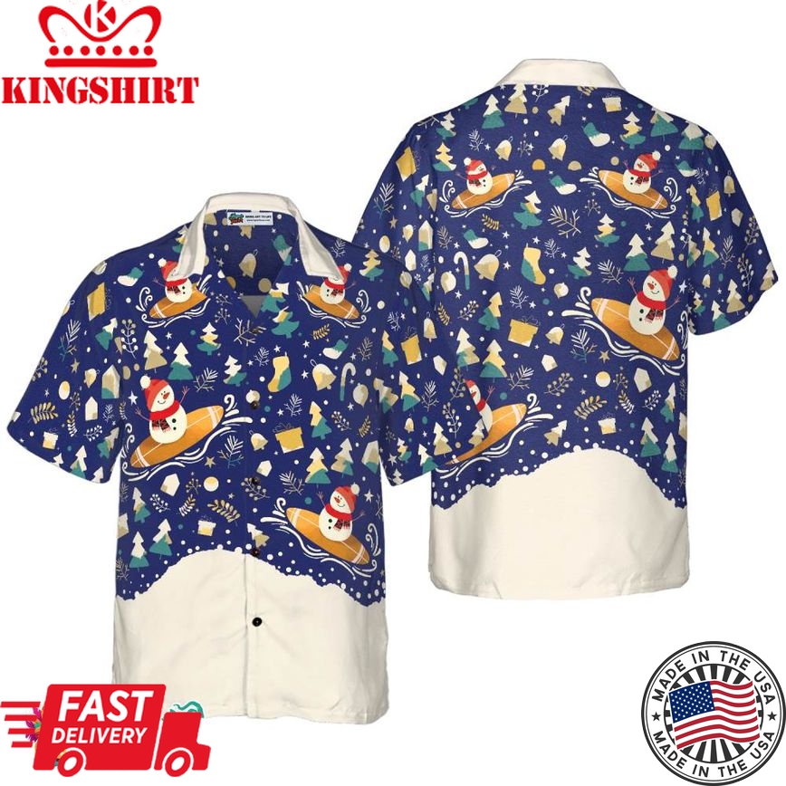 Christmas Snowman Surfing Hawaiian Shirt, Christmas Shirts Short Sleeve Button Down Shirt For Men And Women