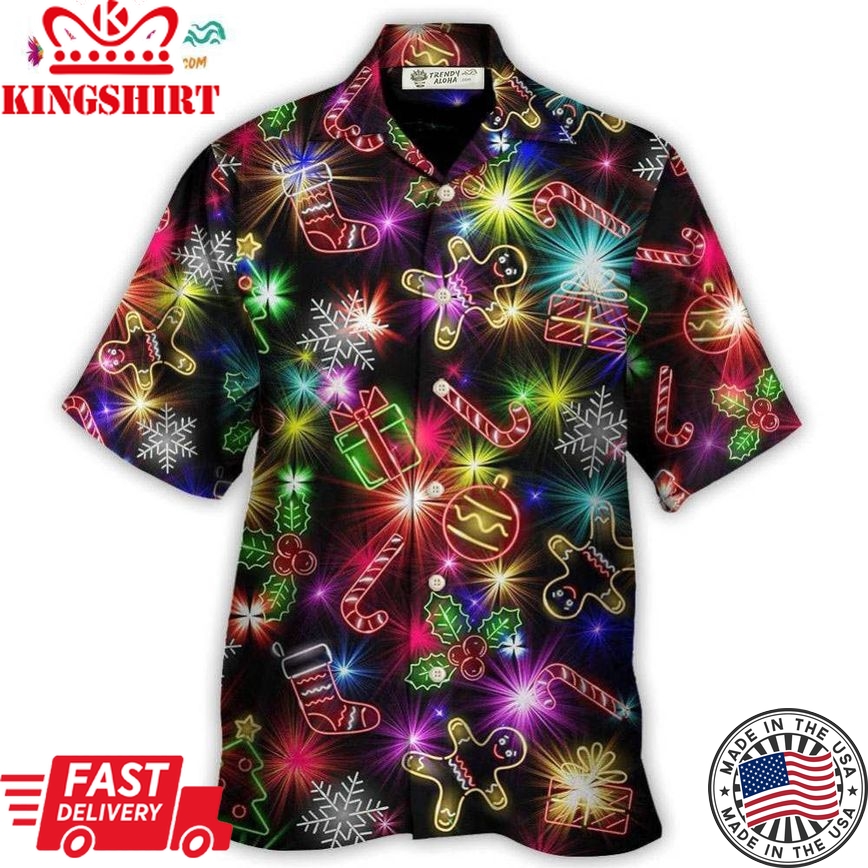 Christmas With Tree And Gift Cookies Gingerbread Man Neon Style Hawaiian Shirt