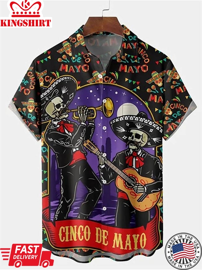 Cinco De Mayo Print Men's Lapel Short Sleeve Shirt