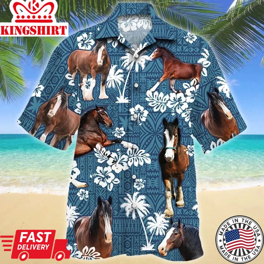 Clydesdale Horse And Hibiscus On Blue Tribal Pattern Trendy Hawaiian Shirt