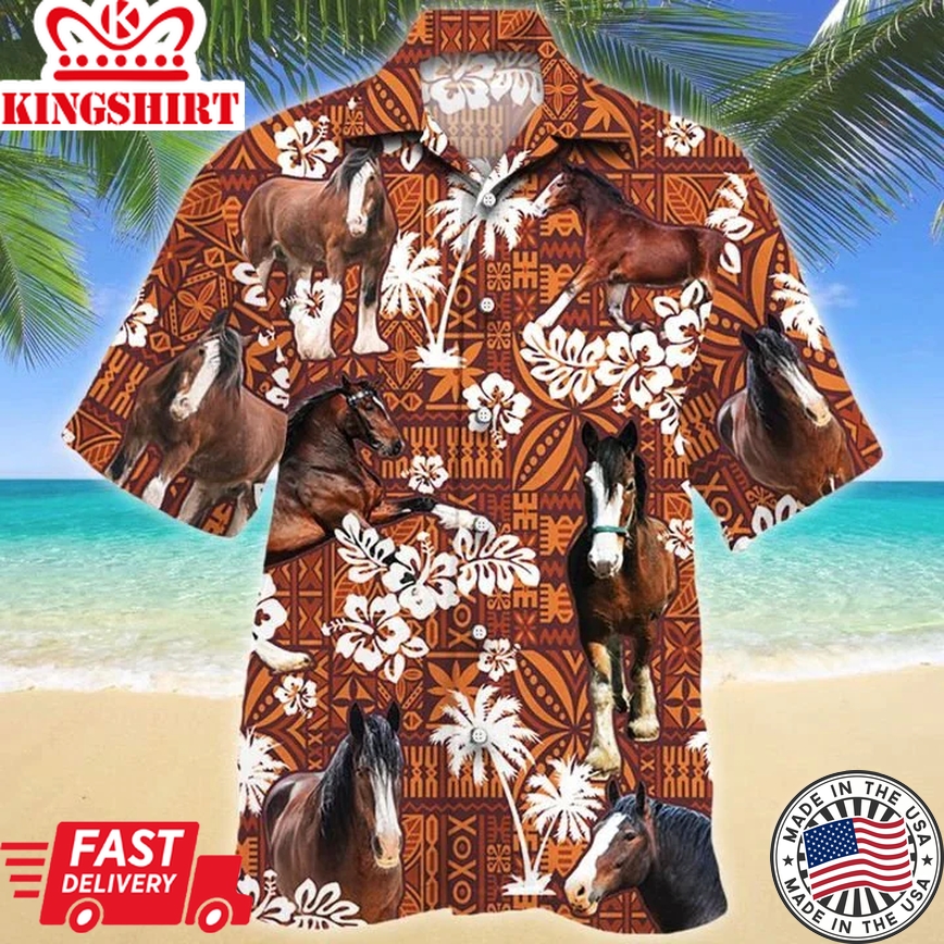 Clydesdale Horse Red Tribal Pattern Trendy Hawaiian Shirt, Horse Short Sleeve Hawaiian Aloha Shirt