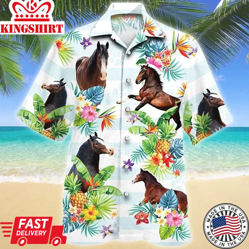 Clydesdale Horse Tropical Flower Blue And White Stripe Trendy Hawaiian Shirt