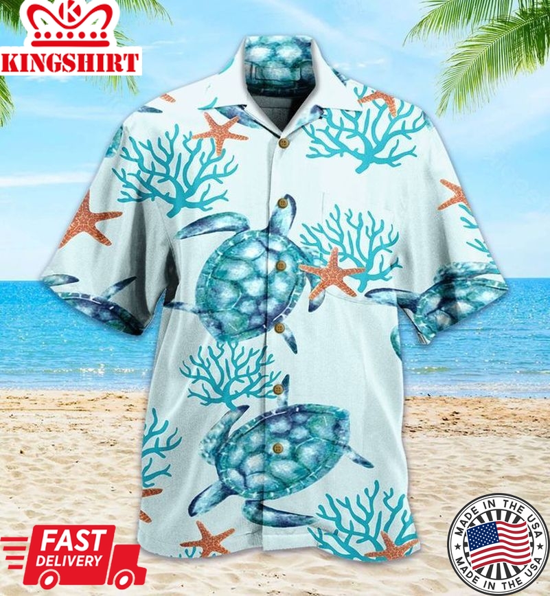 Coatal Life Coral And Turtle Blue Trendy Hawaiian Shirt 3D Summer Gifts