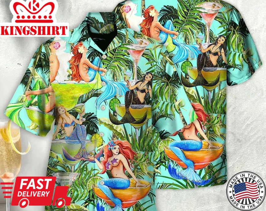 Cocktail And Mermaid Fantasy Beautiful Tropical, Gift For Summer, Gifts For Bachelor Party, Hawaiian Set Gift, Aloha Shirt, Gift For Family.