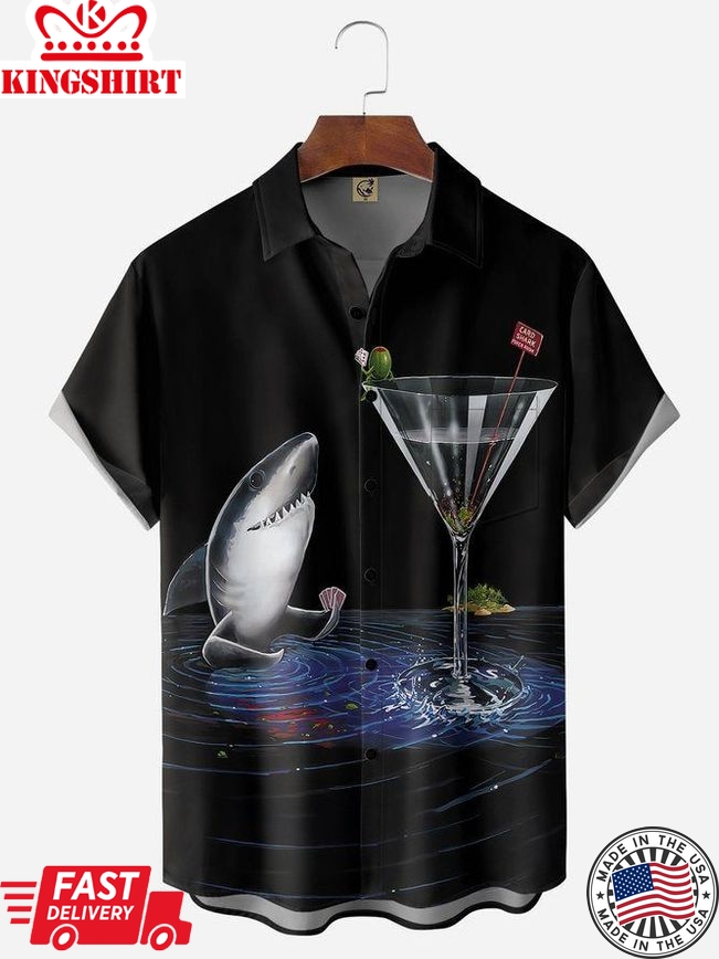 Cocktail Shark Chest Pocket Short Sleeve Hawaiian Shirt