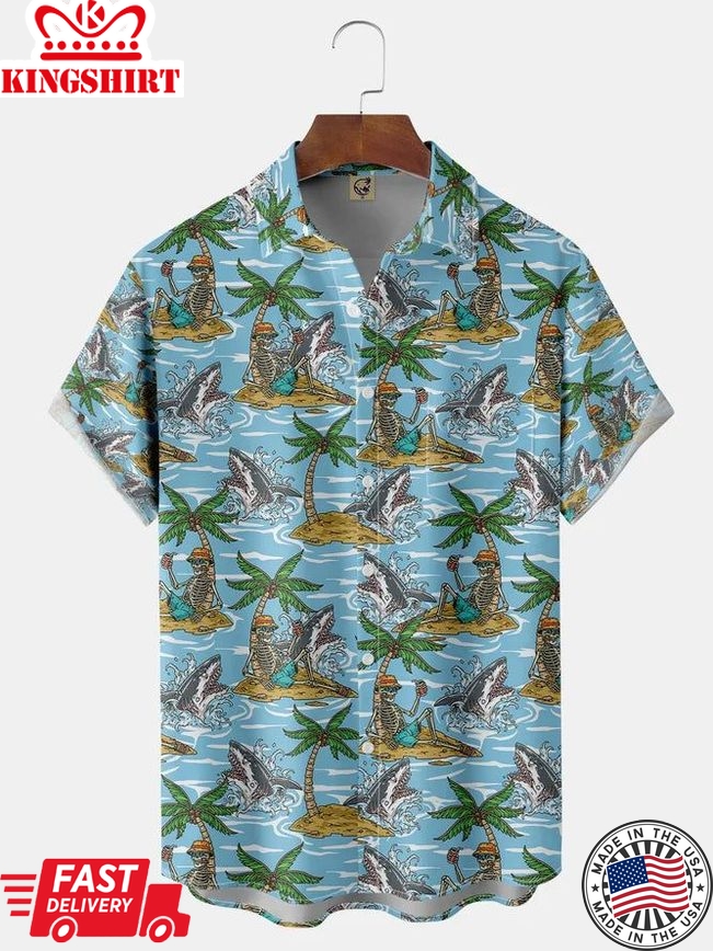 Coconut Tree Skull Chest Pocket Short Sleeve Hawaiian Shirt