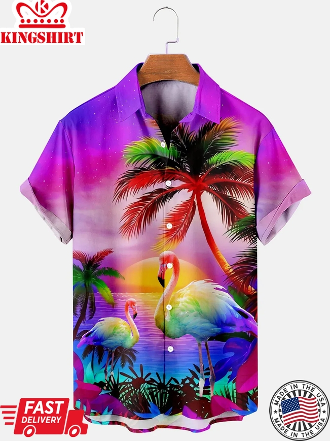 Coconuts And Flamingos Casual Loose Men's Plus Size Short-Sleeved Trendy Hawaiian Shirt