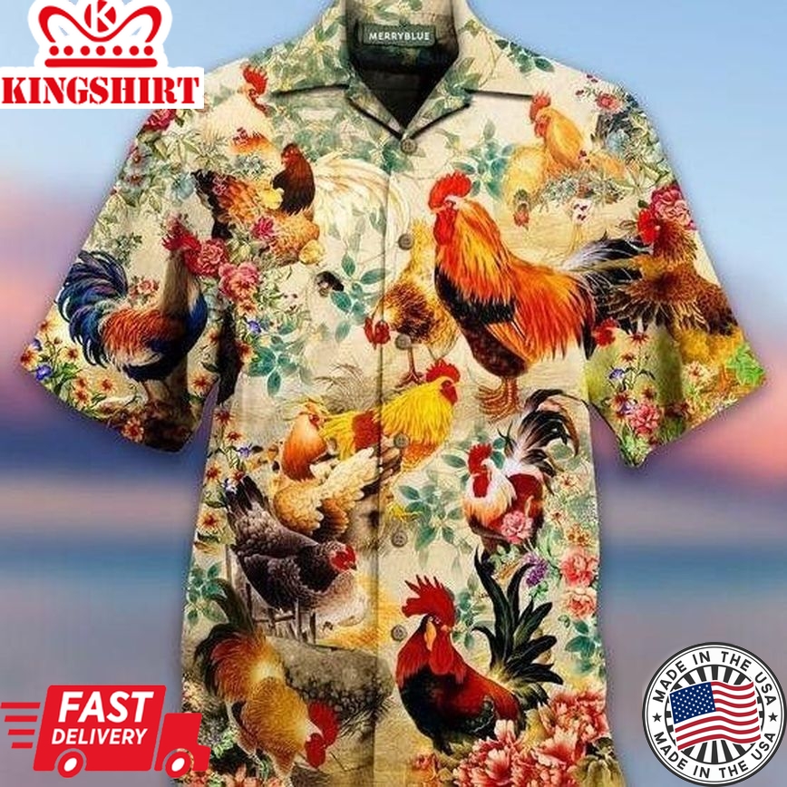 Colorful Chicken Pattern Trendy Hawaiian Shirt, Chicken Lover Trendy Hawaiian Shirt For Summer Gifts