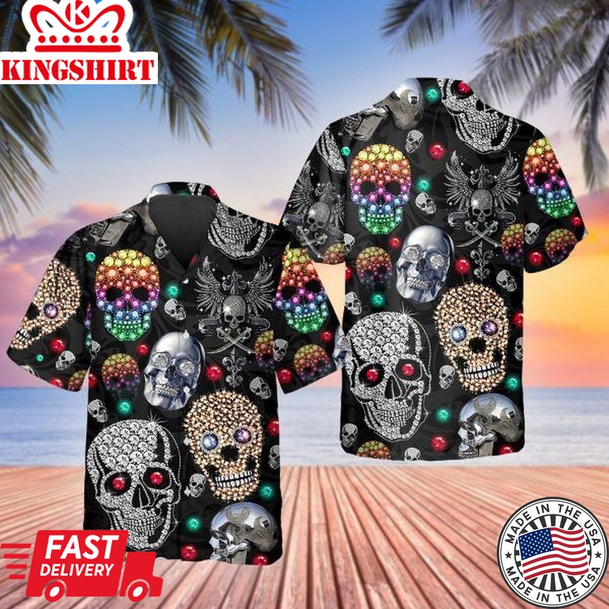 Colorful Diamond Skull 3D Printed Trendy Hawaiian Shirt Men, Skull Flower Hawaiian Aloha Shirt