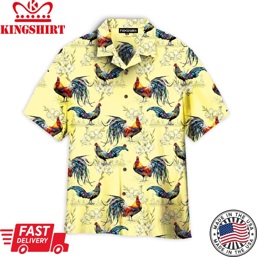 Colorful Farm Chicken Roosters Silhouettes Love Flowers Trendy Hawaiian Shirt