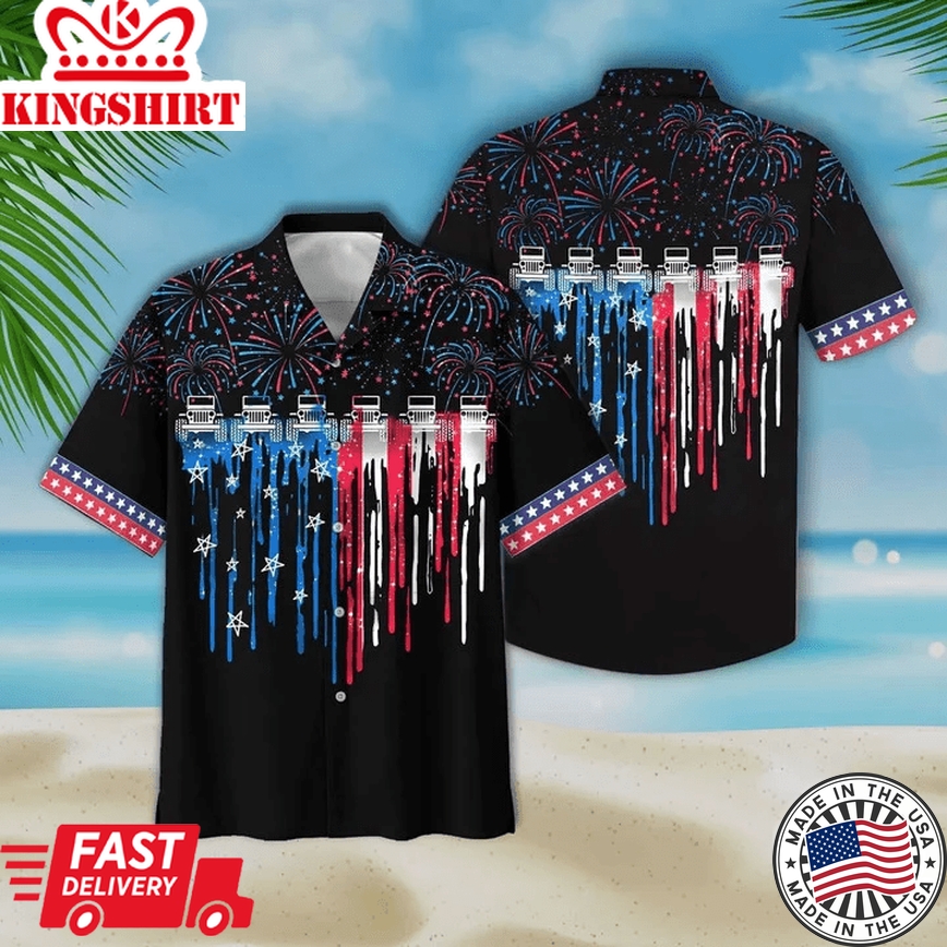 Colorful Firework Black Theme Jeep And Flag Trendy Hawaiian Shirt