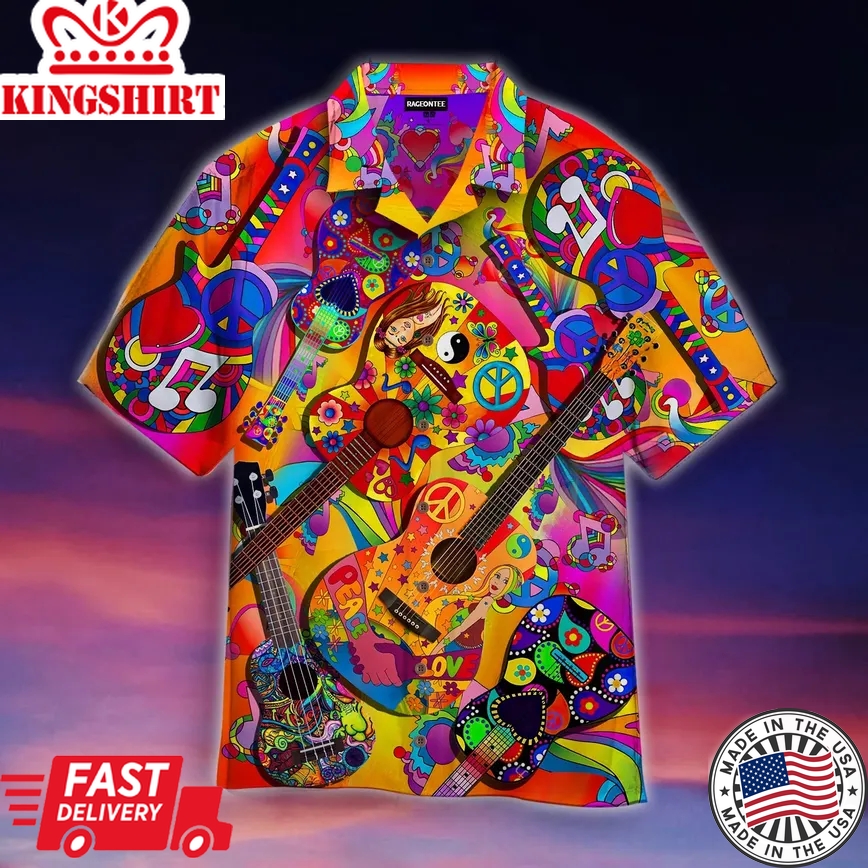 Colorful Guitar Hippie Love Music Trendy Hawaiian Shirt Aloha Shirt