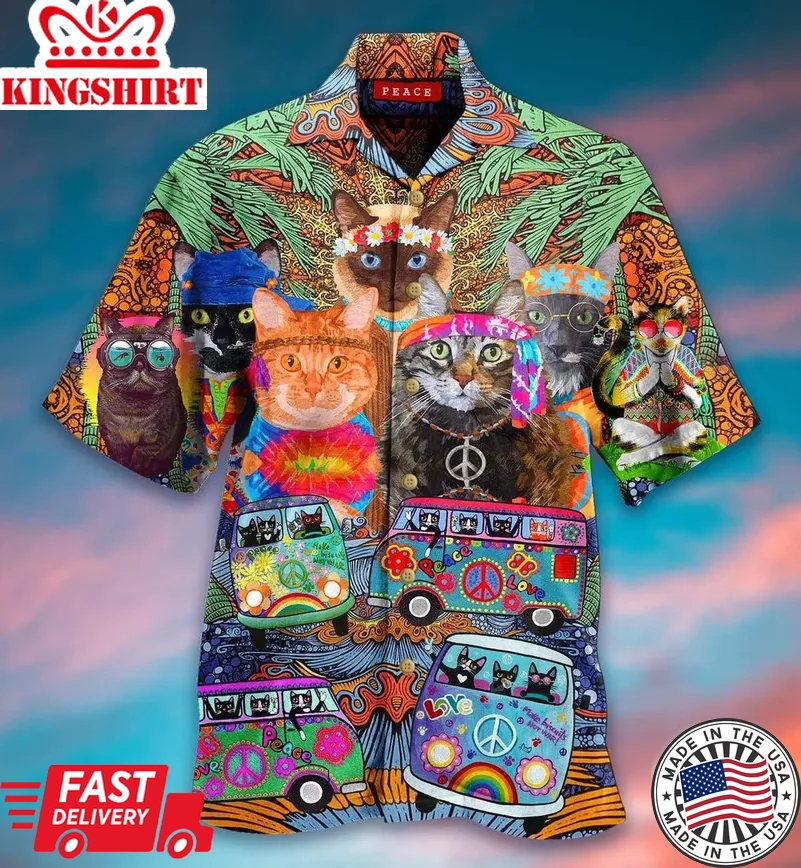 Colorful Hippie Van And Cat Unisex Trendy Hawaiian Shirt Aloha Shirt