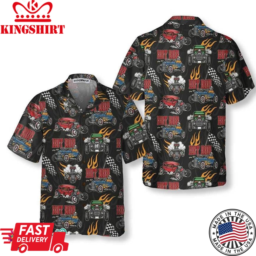 Colorful Hot Rod Pattern Hawaiian Shirt, Racing Hot Rod Shirt For Men