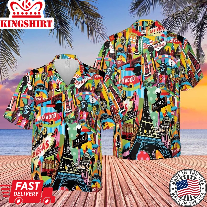 Colorful Las Vegas City American Trendy Hawaiian Shirt For Aloha Shirt