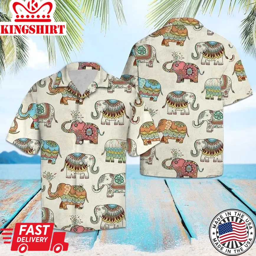 Colorful Mandala Elephant In Beige Trendy Hawaiian Shirt