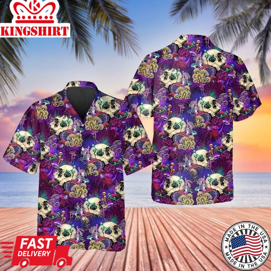 Colorful Mushroom Skull 3D Printed Trendy Hawaiian Shirt Men, Skull Flower Hawaiian Aloha Shirt