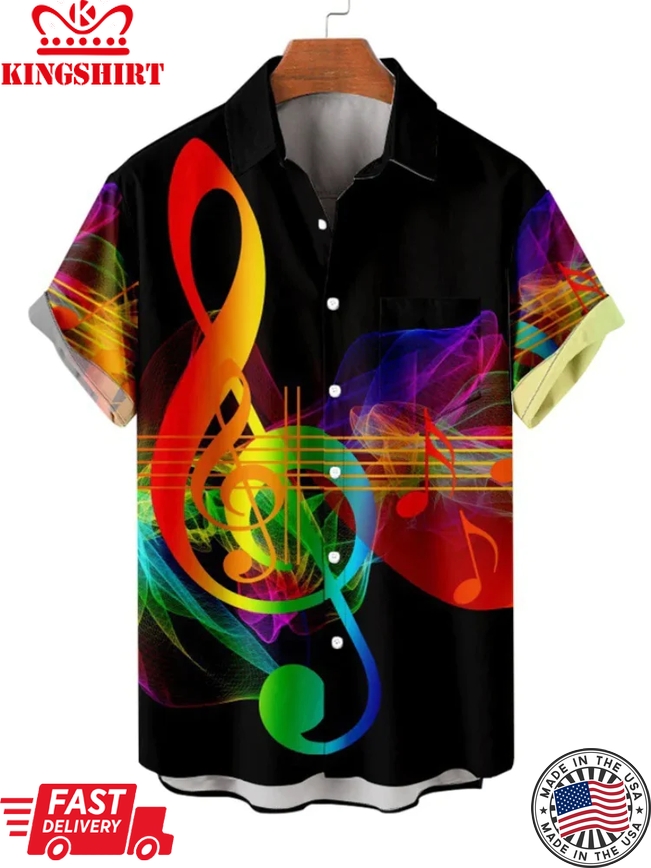 Colorful Musical Note Print Casual Shirt, Trendy Hawaiian Shirt For Men