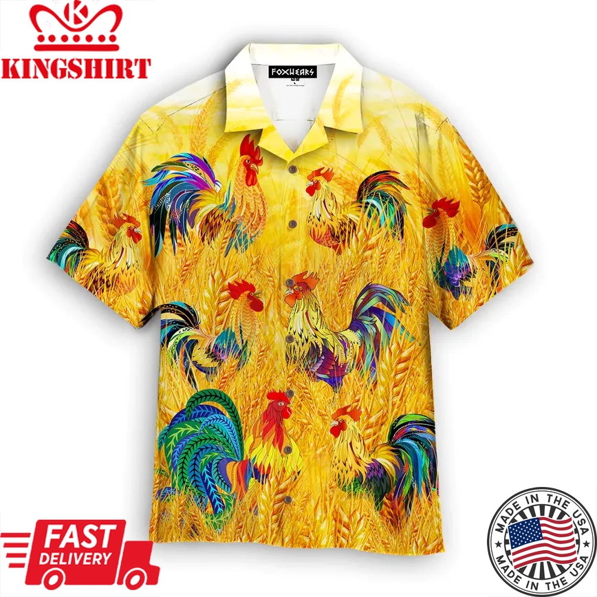 Colorful Rooster Chicken In The Golden Paddy Field Trendy Hawaiian Shirt