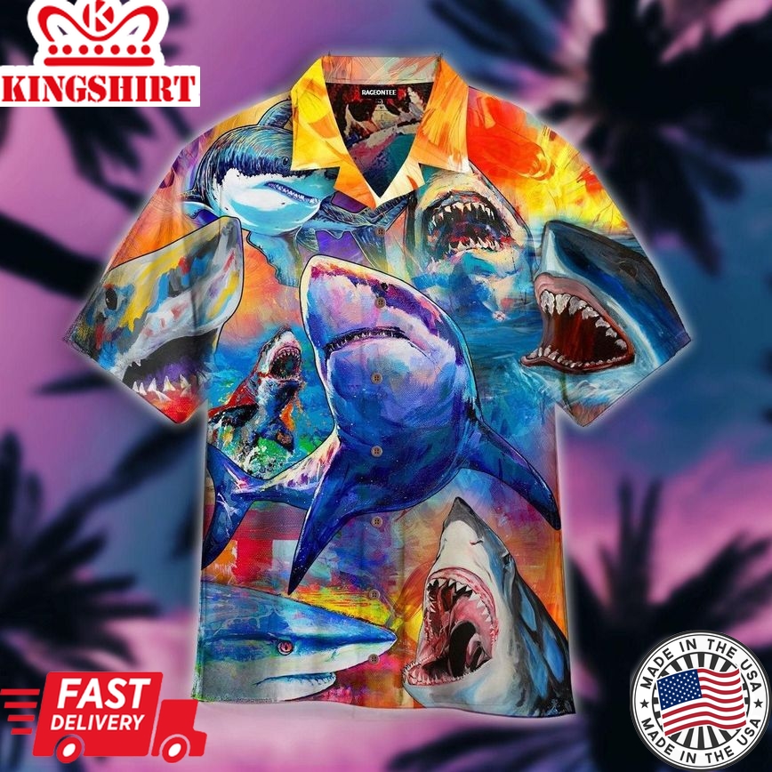 Colorful Sharks Just Wanna Have Fun Trendy Hawaiian Shirt