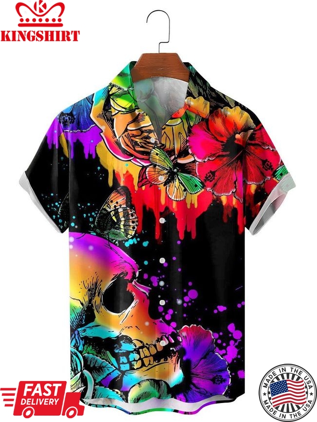 Colorful Skull And Flower Print Casual Short-Sleeved Shirt