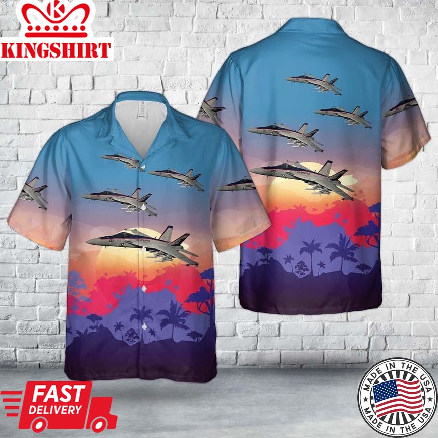 Commanding Attire: Squadron 137 Trendy Hawaiian Shirt showcasing US Navy F/A-18E Super Hornet