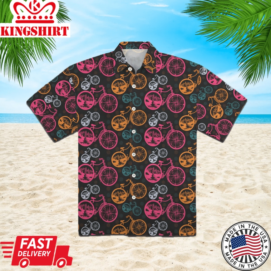 Compass And Mountains In Bicycle Wheels Trendy Hawaiian Shirt Aloha Shirt