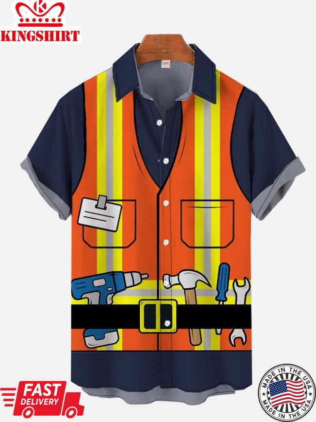 Construction Worker Uniform Vest Printing Short Sleeve Aloha Hawaiian Shirt