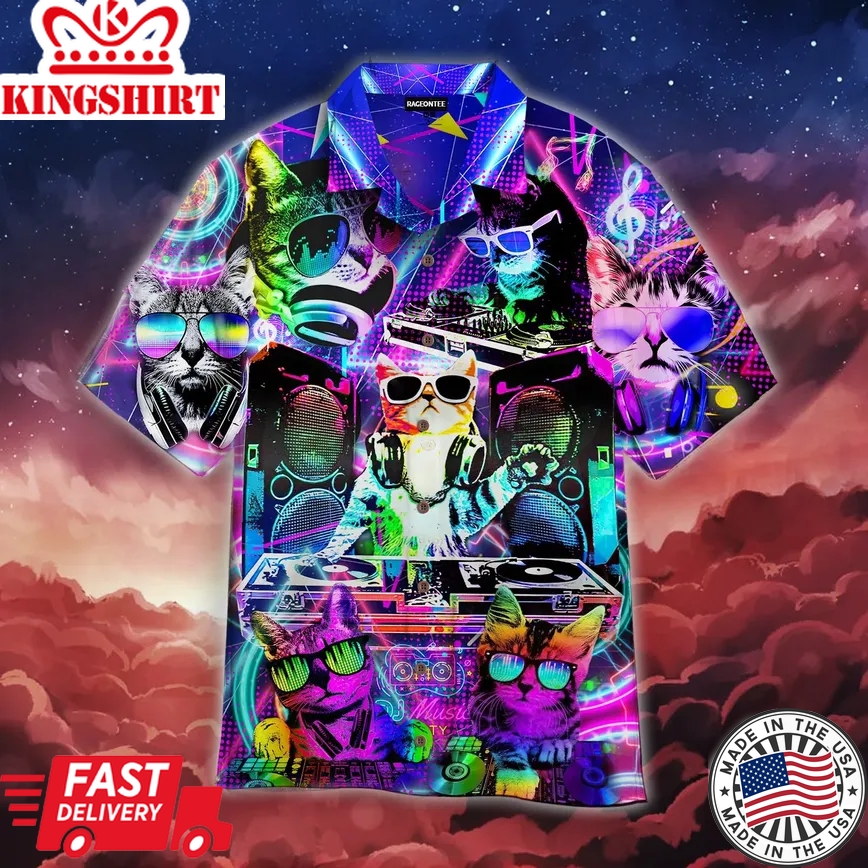 Cool Neon Dj Kitty Cat Trendy Hawaiian Shirt Aloha Shirt