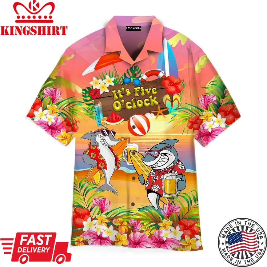 Cool Shark Drinking Beer Its 5 Oclock Somewhere Trendy Hawaiian Shirt For