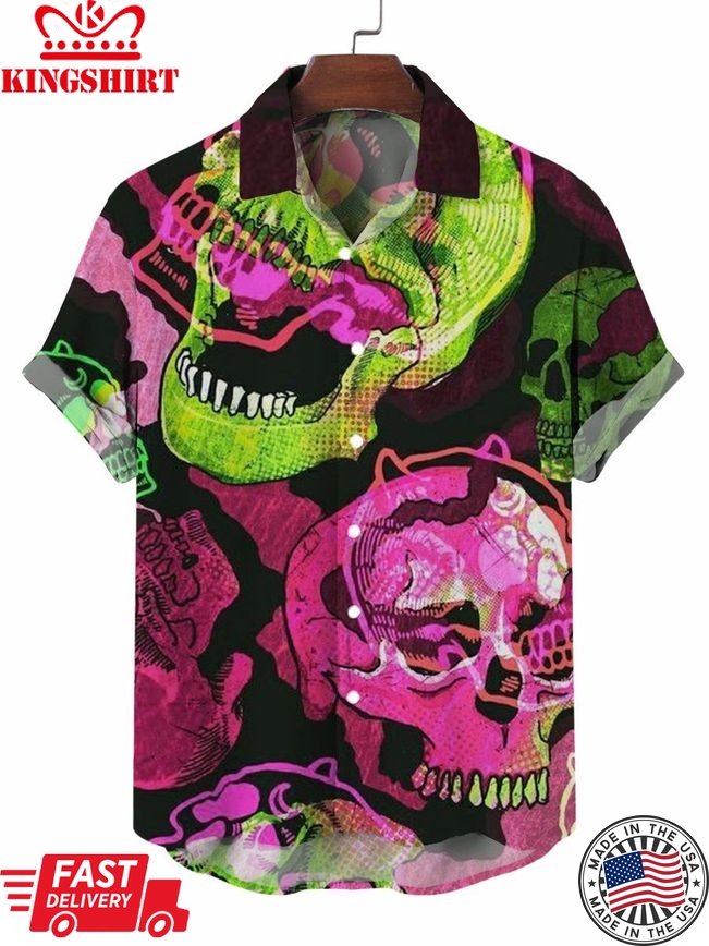 Cool Skull Print Short Sleeve Button Down Shirt